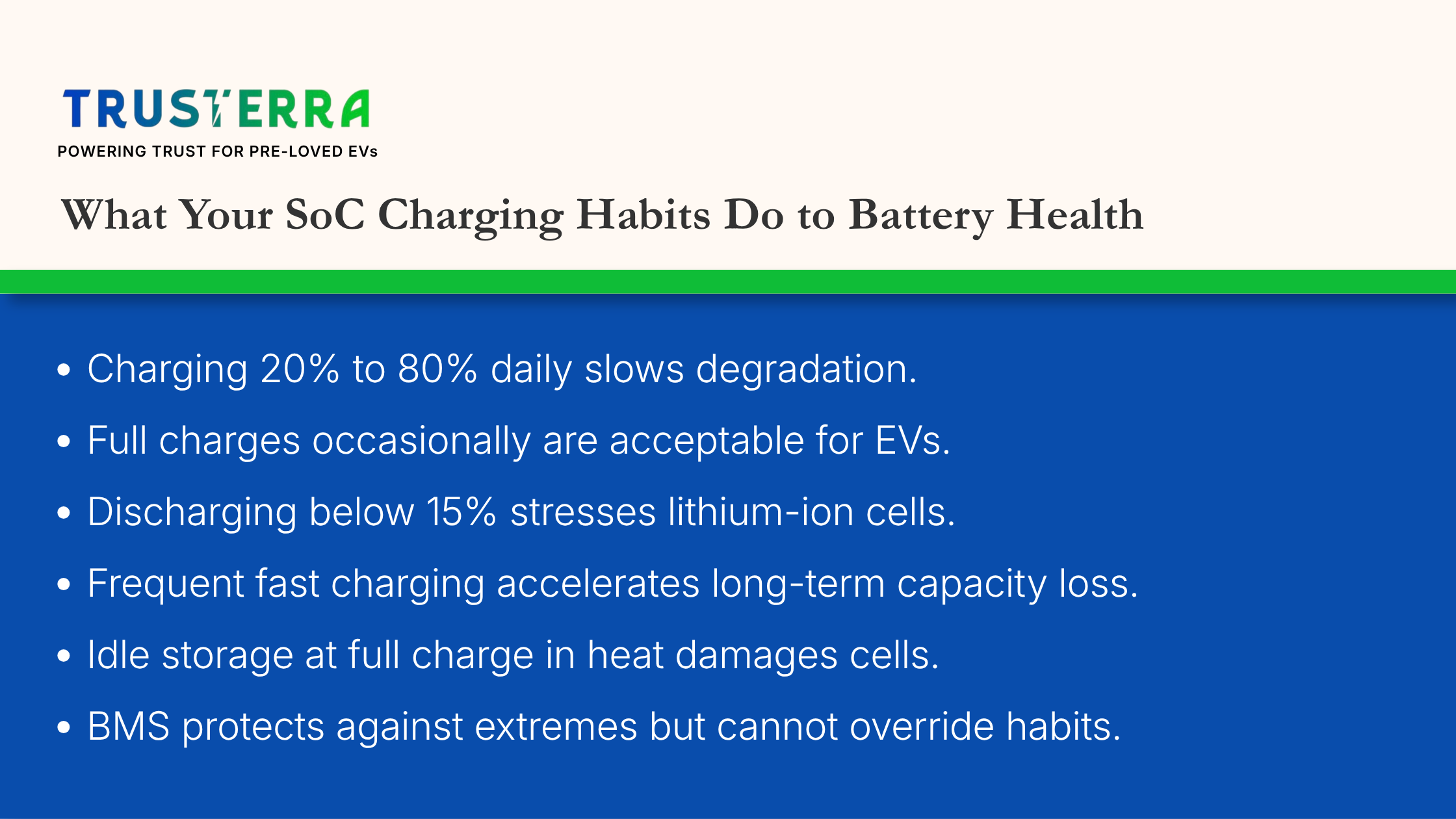Trusterra infographic on SoC charging habits and EV battery life