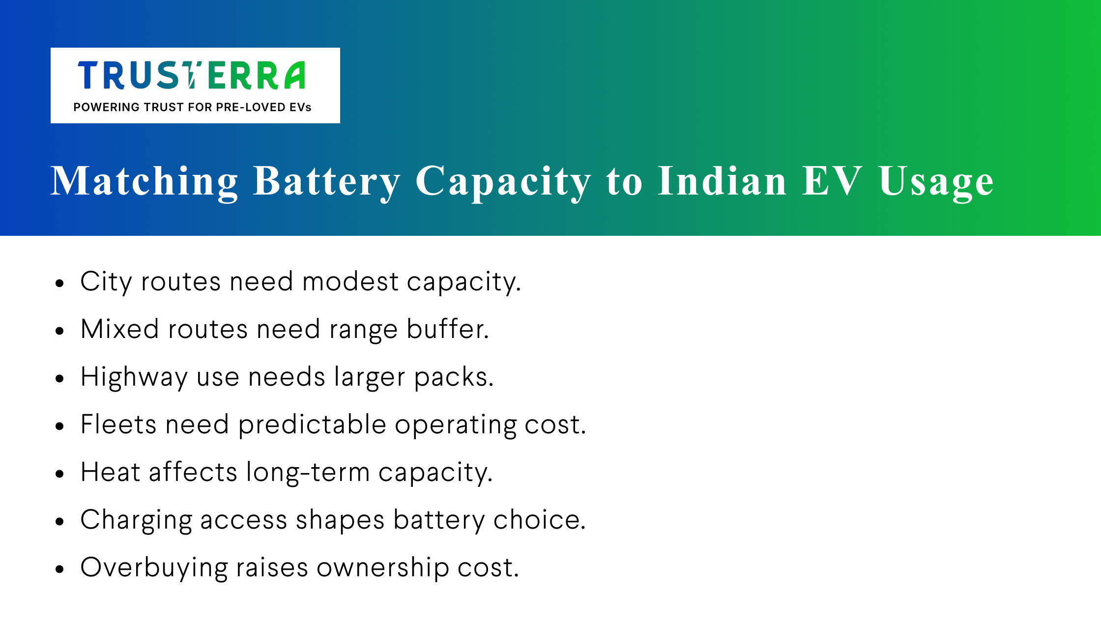 TrusTerra battery capacity guide for Indian EV use